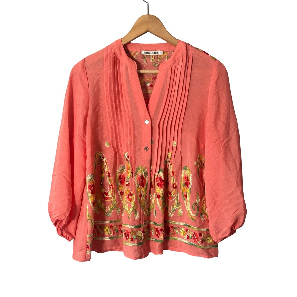 Figueroa & Flower Embroidered Paisley Blouse PM Coral Pink Pintuck Boho Top